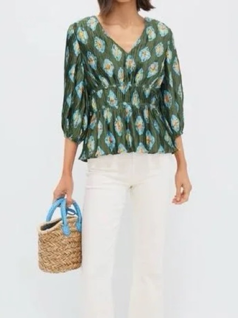 Tuckernuck Olive Green/Blue ( light blue/turquoise)Floral V-Neck Peplum Blouse